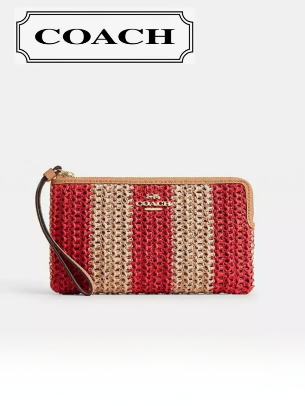 COACH Large Corner Zip Wristlet In Gold/Red/Tan Straw, Leather Trim & Strap, NEW